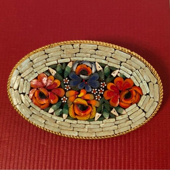 BROOCH PIN GOLD TONE VINTAGE OVAL VENETIAN MOSAIC FLORAL WHITE ORANGE RED GREEN - Picture 7 of 12